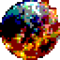 Pixel art of the Earth, engulfed in flames.