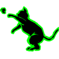 The silhouette of a cat attempting to catch a butterfly, outlined in green.