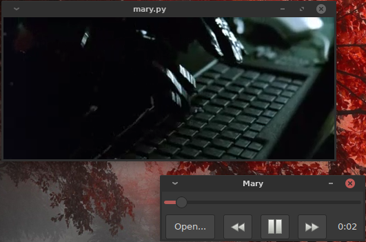 A scene from The Matrix Reloaded playing in Mary.